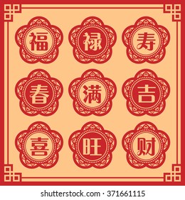 Set of chinese new year typeface in vintage design / Chinese typography set. ( translation: blessing, emolument, longevity, spring, full / enough, lucky, happiness, prosperous, property / wealth.)