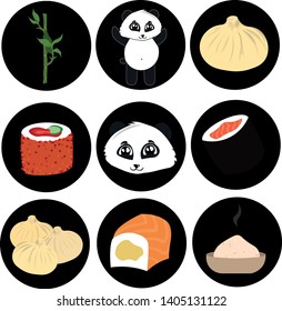 Set of Chinese objects. Traditional food, souvenirs, tourism. A group of logos for the design of cafes, restaurants, textiles, stationery.
