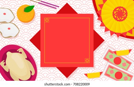 Set of Chinese offerings Vector illustration. Chinese offerings, Joss paper and Ghost Money on red pattern background with copy space.