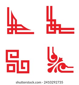 Set of Chinese ornaments for frame corners, white background, for frame decoration. Vector illustration