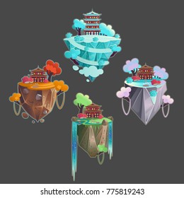 Set chinese pagodas on mountains by seasons summer, autumn, spring, winter.Vector illustration. Elements for the game.