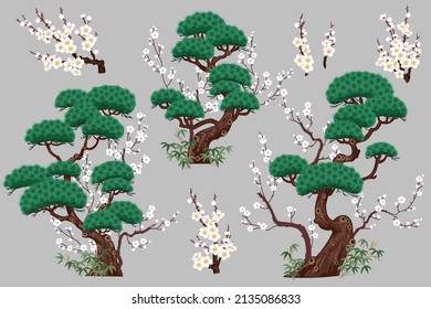 Set of Chinese painting elements, vector pine trees and plum blossom, bamboo bushes