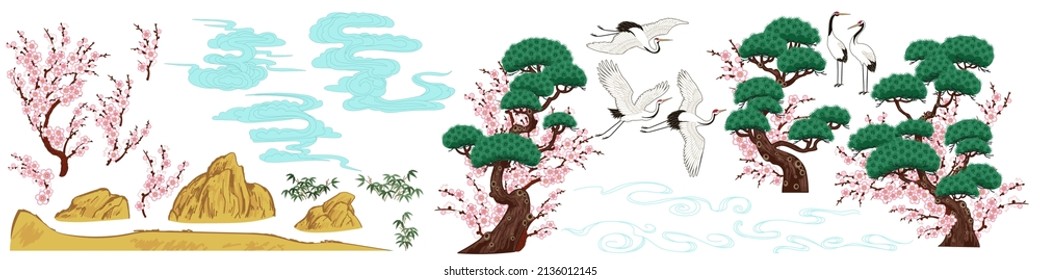 Set of Chinese painting elements, vector pine trees and plum blossom, bamboo bushes, clouds and cranes