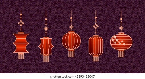 Set von chinesischem Papier Hanging Laterne Denglong. Viel Glück Knoten. Chinesisches Neujahr, Mitte-Herbst-Festival. Flaches minimalistisches geometrisches Design. Für Aufkleber, Plakate, Postkarten, Design-Elemente.