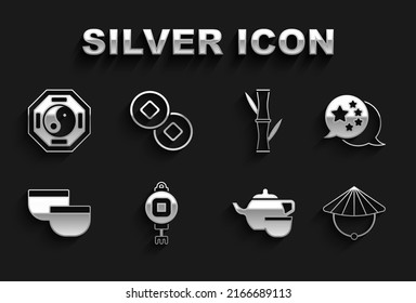 Set Chinese paper lantern, China flag, conical straw hat, tea ceremony, Bamboo, Yin Yang and Yuan currency icon. Vector
