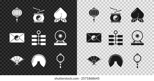 Set Chinese paper lantern, drum, Peach fruit, Paper chinese folding fan, fortune cookie, Yin Yang and envelope and Firework icon. Vector