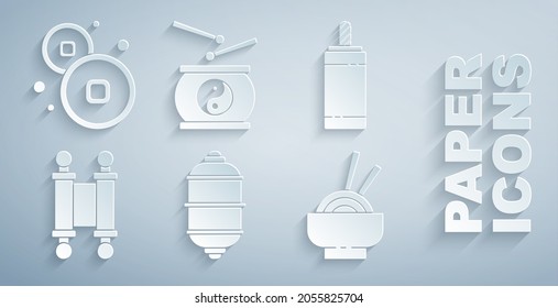 Set Chinese paper lantern, Firework, Decree, paper, parchment, scroll, Asian noodles bowl, drum and Yuan currency icon. Vector