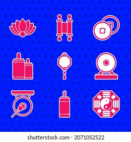 Set Chinese paper lantern, Firework, Yin Yang, Gong, Yuan currency and Lotus flower icon. Vector
