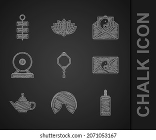 Set Chinese paper lantern, fortune cookie, Firework, Yin Yang and envelope, tea ceremony, Gong,  and  icon. Vector
