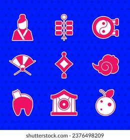 Set Chinese paper lantern, Gong musical instrument, Peach fruit or nectarine, Magic fog smoke, fortune cookie, Traditional fan, Yin Yang symbol and Asian woman icon. Vector