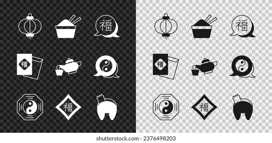 Set Chinese paper lantern, ice bowl with chopstick, New Year, Yin Yang symbol, fortune cookie,  and tea ceremony icon. Vector
