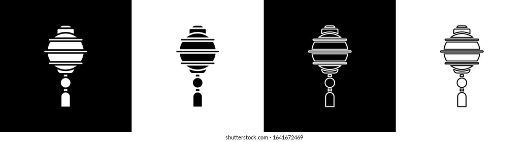 Set Chinese paper lantern icon isolated on black and white background.  Vector Illustration