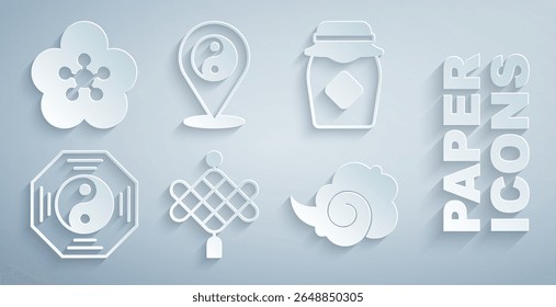 Set Chinese paper lantern, Jar of honey, Yin Yang symbol, Magic fog or smoke,  and Lotus flower icon. Vector