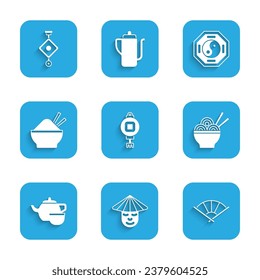 Set Chinese paper lantern, man, or japanese folding fan, Asian noodles bowl, tea ceremony, Rice with chopstick, Yin Yang and  icon. Vector