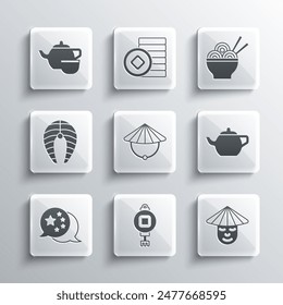 Set Chinese paper lantern, man, tea ceremony, conical straw hat, China flag, Fish steak,  and Asian noodles bowl icon. Vector