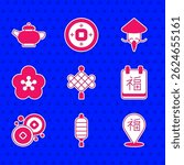 Set Chinese paper lantern, New Year, Yuan currency, Lotus flower, Asian or conical straw hat and tea ceremony icon. Vector