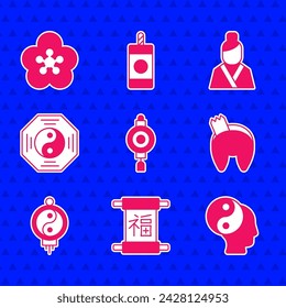Set Chinese paper lantern, New Year, Yin Yang symbol, fortune cookie, Asian woman and Lotus flower icon. Vector