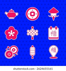 Set Chinese paper lantern, New Year, Yuan currency, Lotus flower, Asian or conical straw hat and tea ceremony icon. Vector