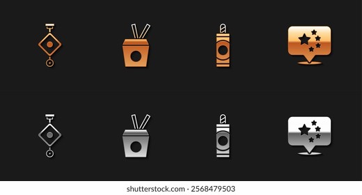 Set Chinese paper lantern, Noodles box and chopsticks, Firework and China flag icon. Vector