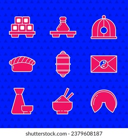 Set Chinese paper lantern, Rice bowl with chopstick, fortune cookie, Yin Yang and envelope, tea ceremony, Sushi, hat and cutting board icon. Vector