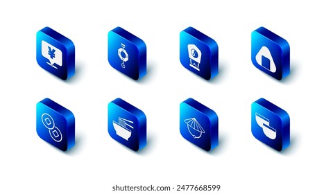 Set Chinese paper lantern, Sushi, tea ceremony, conical straw hat, Asian noodles bowl, Yuan currency and  icon. Vector