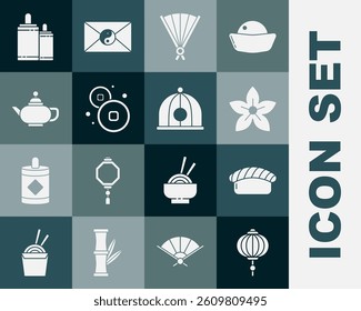 Set Chinese paper lantern, Sushi, Lotus flower, Paper chinese folding fan, Yuan currency, tea ceremony, Firework and hat icon. Vector