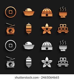 Set Chinese paper lantern, tea ceremony, Sushi cutting board, Lotus flower, drum, hat, Yuan currency and  icon. Vector