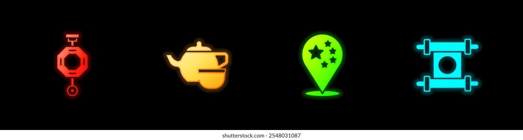 Set Chinese paper lantern, tea ceremony, China flag and Decree, paper, parchment, scroll icon. Vector
