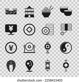Set Chinese paper lantern, Yin Yang, Firework, Asian noodles bowl, Yuan currency, Great wall of China and  icon. Vector