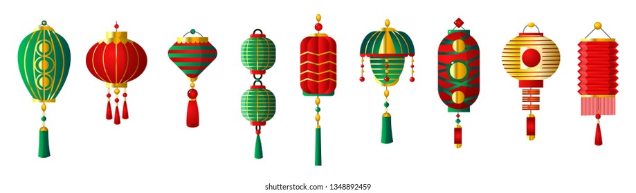 Set of chinese paper sky lantern isolated on white background