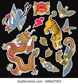 Set of chinese patches elements. Set of stickers, pins, patches and handwritten notes collection in cartoon 80s-90s comic style.Vector stikers kit