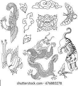 Set of chinese patches elements. Set of stickers, pins, patches and handwritten notes collection in cartoon 80s-90s comic style.Vector stikers kit