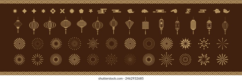 Set of Chinese pattern elements vector for decorative. Flower, Clouds, Lanterns, Firework on brown background.