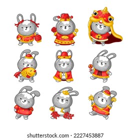 Set of Chinese rabbits in red costumes. There are symbols of Chinese New Year 2023. Different bunnyes with sparkles, golden fish, lantern, xandy, cards, coin