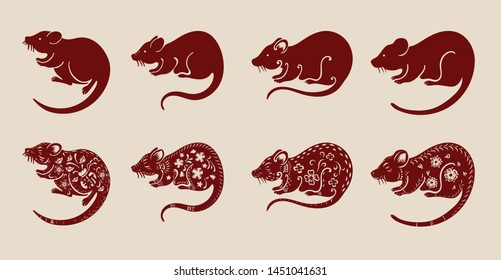 Set of chinese rat on brown  background.Red rat  vector design art highly detailed in chinese style.(Chinese translation : Happy new year)