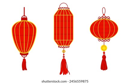 Set of Chinese red paper lanterns, reminiscent of cultural richness and festive atmosphere. A festival for good luck. Festive themes, cultural presentations, decorative purposes. Moon Festival