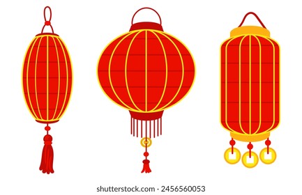 Set of Chinese red paper lanterns, reminiscent of cultural richness and festive atmosphere. A festival for good luck. Festive themes, cultural presentations and decorative purposes. Moon Festival