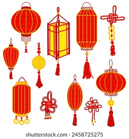 Set of Chinese red paper lanterns, threads, loops for good luck, cultural wealth and a festive atmosphere. Good luck. Festive themes, cultural presentations, decorative purposes. Moon Festival