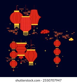 Set of Chinese red paper lanterns, night compositions. Festive themes, cultural presentations, decorative purposes. Moon Festival Vector graphic illustration
