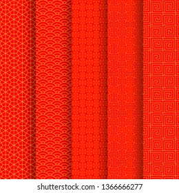 Set Chinese seamless pattern. Red and golden chinese traditional ornament background. Vector illustration.