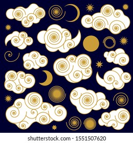 Set of Chinese style cosmic elements.  Ornate clouds, moon, sun and stars on black background. Stylized decorative objects for cards, posters. Variety of different shapes with golden outlines.