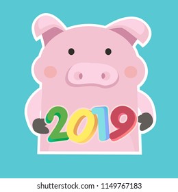 Set of chinese symbol of the 2019 year pig with different emotions. Vector isolated illustration. Creative design of the New Year's card in 2019 pig