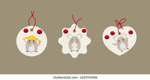 Set of Chinese tag stamps with mouse on paper background. Vector illustration. Title translation Happy New Year, symbol in red stamp means Zodiac sign Rat