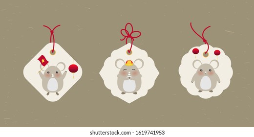 Set of Chinese tag stamps with mouse on paper background. Vector illustration. Title translation Happy New Year, symbol in red stamp means Zodiac sign Rat