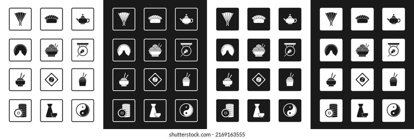 Set Chinese tea ceremony, Asian noodles bowl, fortune cookie, Paper chinese folding fan, Gong, Sushi, paper box and chopsticks and  icon. Vector