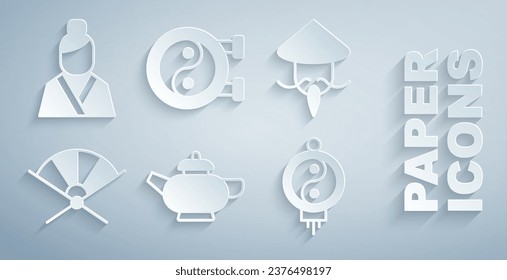 Set Chinese tea ceremony, Asian or conical straw hat, Traditional paper fan, lantern, Yin Yang symbol and woman icon. Vector