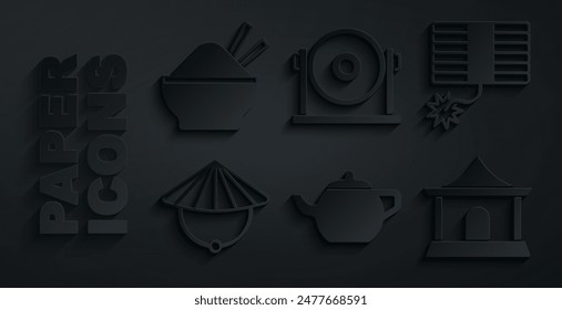 Set Chinese tea ceremony, Firework, conical straw hat, house, Gong and Rice bowl with chopstick icon. Vector