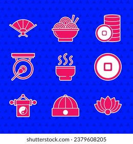 Set Chinese tea ceremony, hat, Lotus flower, Yuan currency, Yin Yang, Gong,  and Paper chinese folding fan icon. Vector