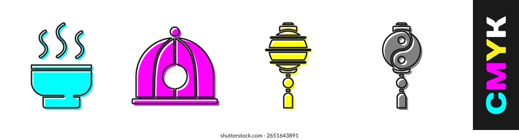 Set Chinese tea ceremony, Chinese hat, Chinese paper lantern and Yin Yang icon. Vector