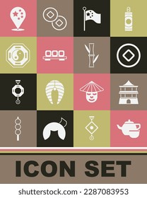Set Chinese tea ceremony, house, Yuan currency, China flag flagpole, Sushi cutting board, Yin Yang,  and Bamboo icon. Vector